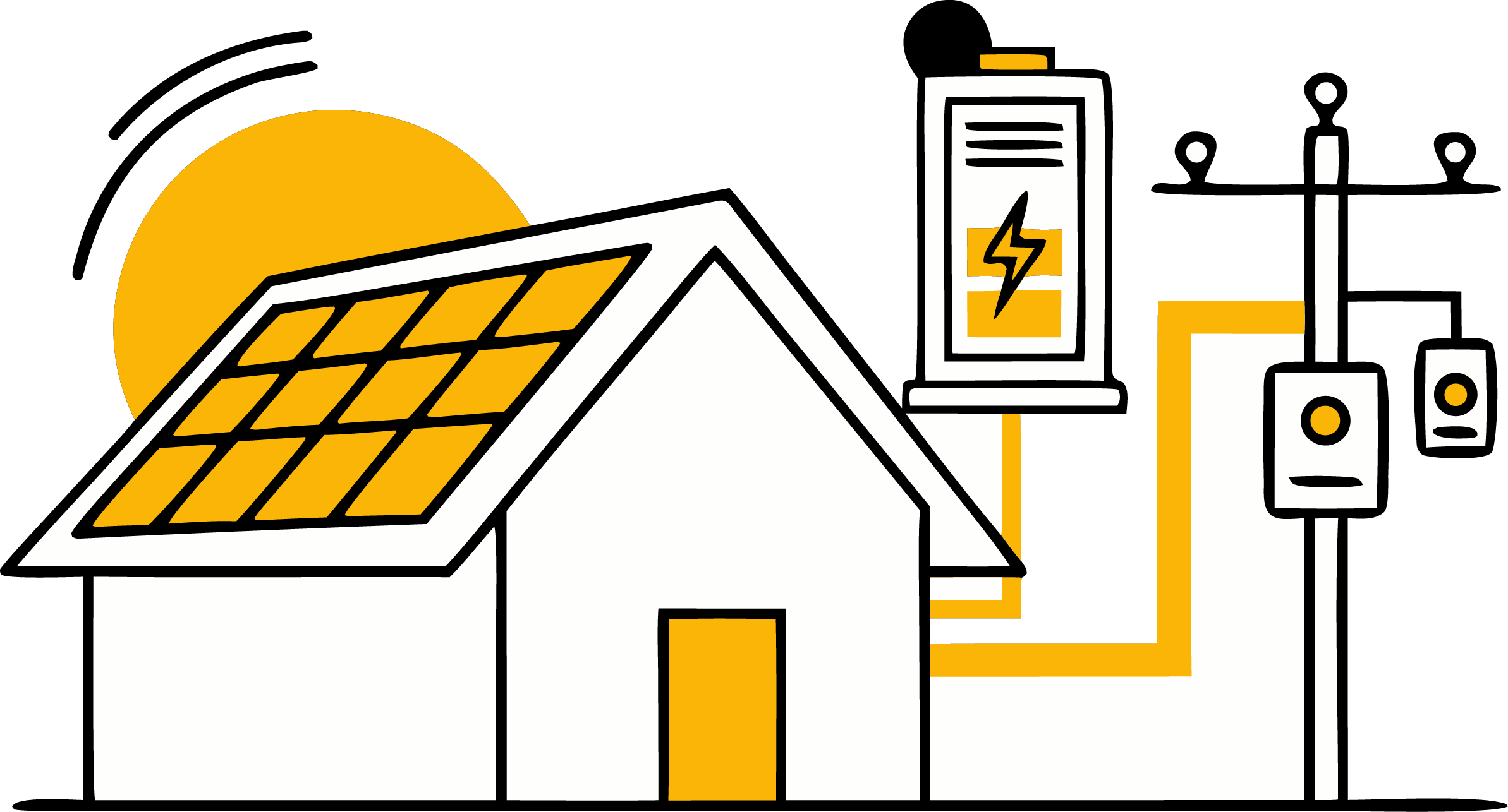 Illustration of a hybrid solar home with battery storage and a grid connection
